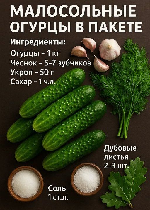 МАЛОСОЛЬНЫЕ ОГУРЦЫ В ПАКЕТЕ

Ингредиенты:
Огурцы - 1 кг
Чеснок - 5-7 зубчиков
Укроп - 50 г
Сахар - 1 ч.л.
Дубовые листья 2-3 шт.
Соль 1 ст.л.