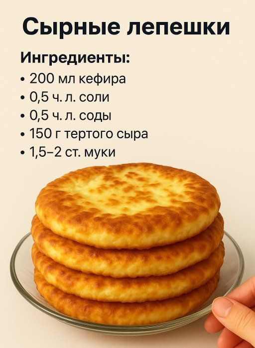 Сырные лепешки

Ингредиенты:

200 мл кефира:
0,5 ч. л. соли
0,5 ч. л. соды
150 г тертого сыра
1,5–2 ст. муки