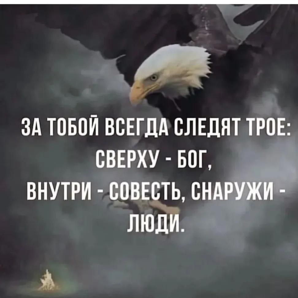ЗА ТОБОЙ ВСЕГДА СЛЕДЯТ ТРОЕ: СВЕРХУ - БОГ, ВНУТРИ - СОВЕСТЬ, СНАРУЖИ - ЛЮДИ.