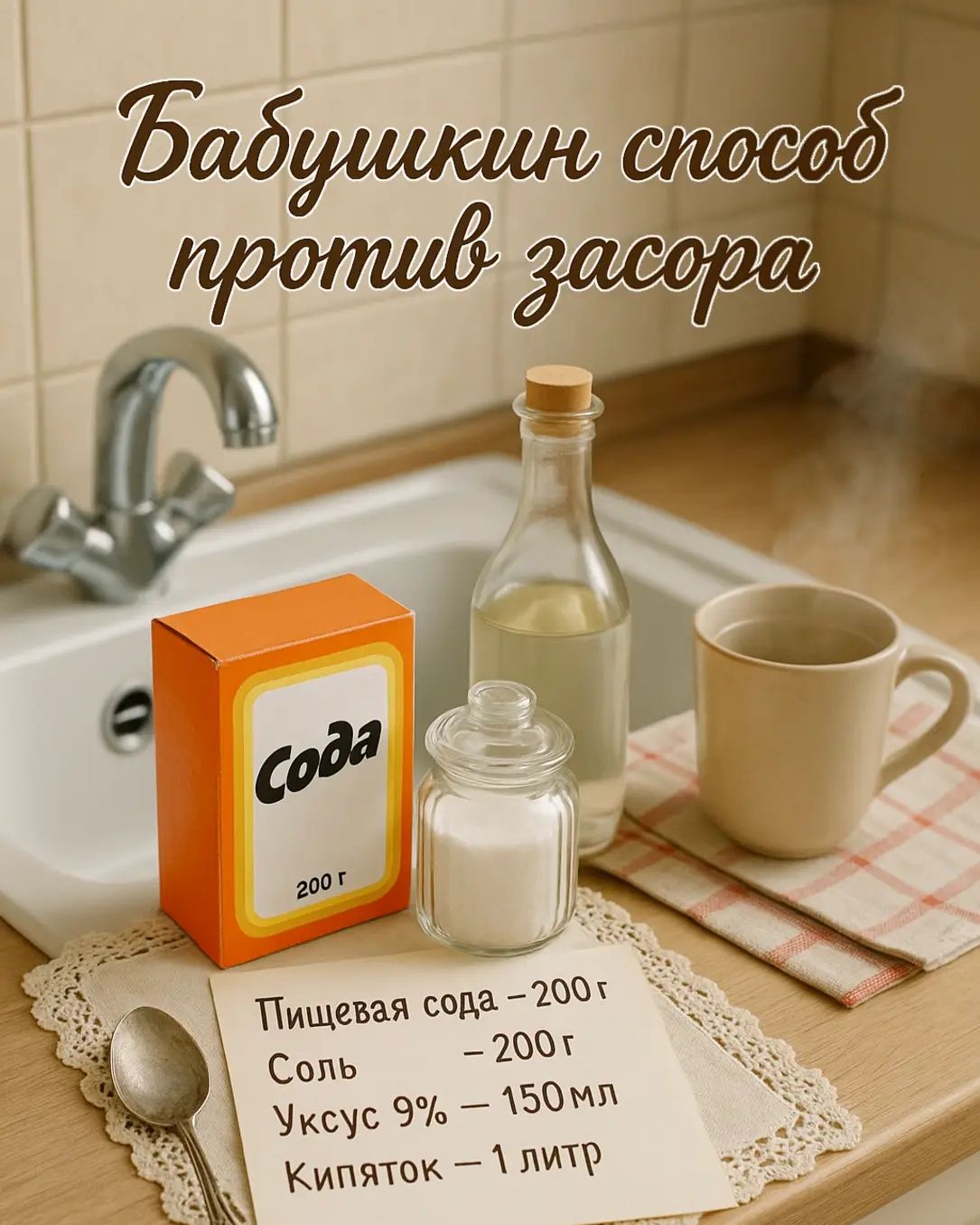 Бабушкин способ против засора
Пищевая сода – 200 г
Соль – 200 г
Уксус 9% – 150 мл
Кипяток – 1 литр