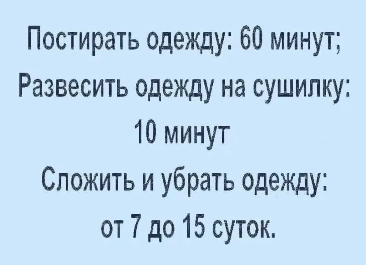 Постировать одежду: 60 минут;
Развесить одежду на сушилку: 10 минут
Сложить и убрать одежду: от 7 до 15 суток.