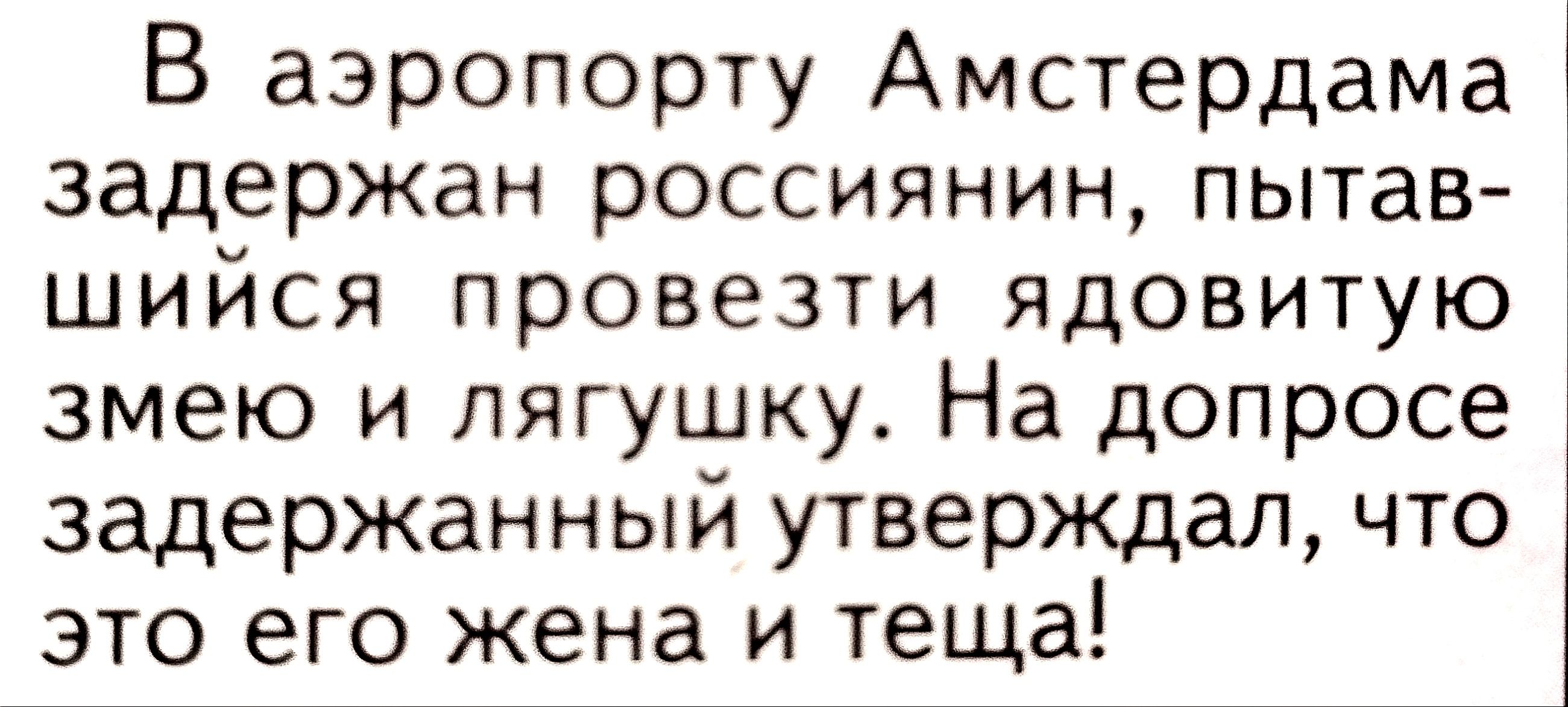 В аэропорту Амстердама задержан россиянин пытав шийся провезти ядовитую змею и лягушку На допросе задержанный утверждал что это его жена и теща