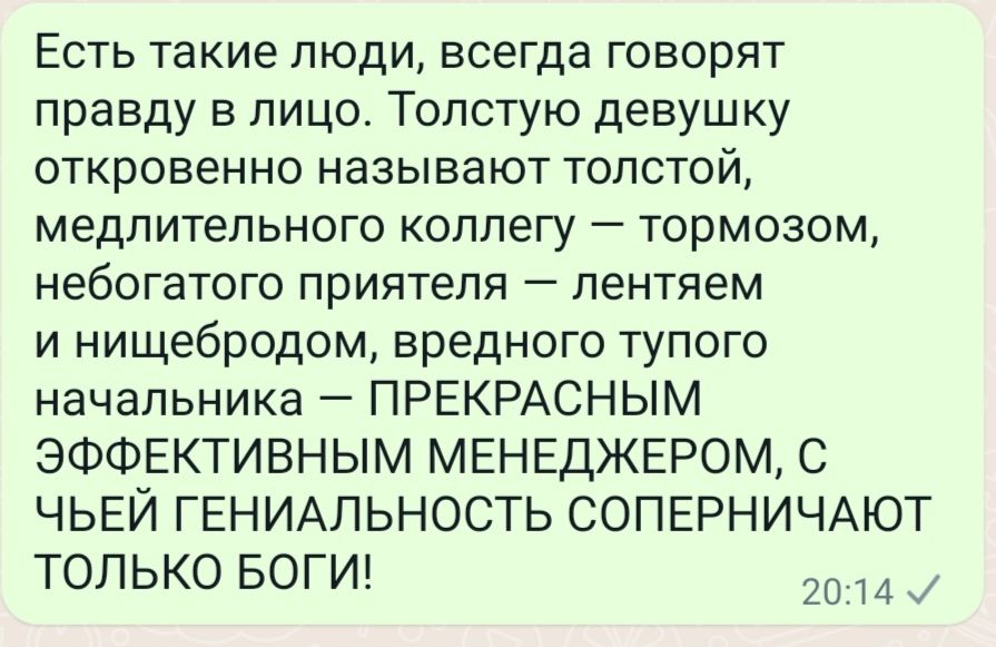 Есть такие люди всегда говорят правду в лицо Толстую девушку откровенно называют толстой медлительного коллегу тормозом небогатого приятеля пентяем и нищебродом вредного тупого начальника ПРЕКРАСНЫМ ЭФФЕКТИВНЫМ МЕНЕДЖЕРОМ С ЧЬЕЙ ГЕНИАПЬНОСТЬ СОПЕРНИЧАЮТ только БОГИ