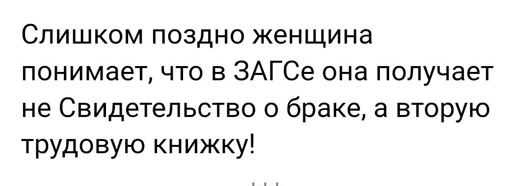 Слишком поздно женщина понимает что в ЗАГСе она получает не Свидетельство о браке а вторую трудовую книжку