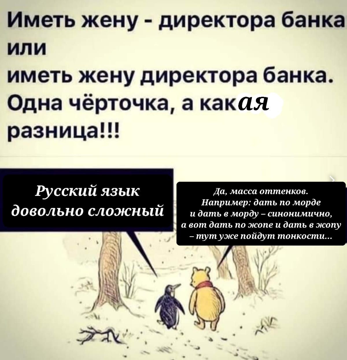 Иметь жену директора банка или иметь жену директора банка Одна чёрточка а какая разница Русский язык т хпгш отм нщ адн довольно сложным ц ш а а и там