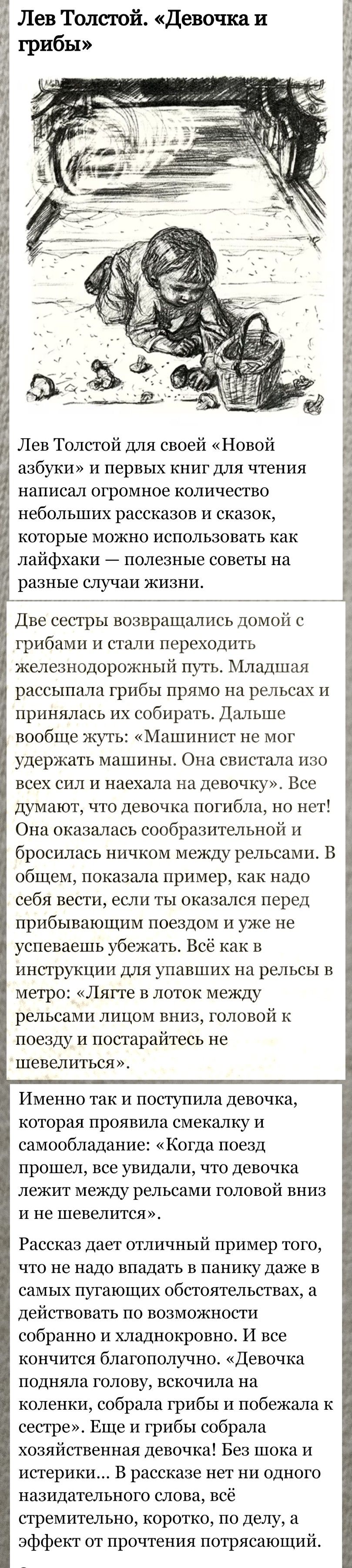 Лев Толстой Девочка и 9 грибы 25жтгчд ЦТ Лев Толстой для своей Новой азбуки и первых книг для чтения написал огромное количество небольших рассказов и сказок которые можно использовать как лайфхаки полезные советы на разные случаи жизни Две сестры возвращались домой с грибами и стали переходить железнодорожный путь Младшая рассыпала Грибы ПРЯМО на рельсах И принялась их собирать Дальше вообще жуть