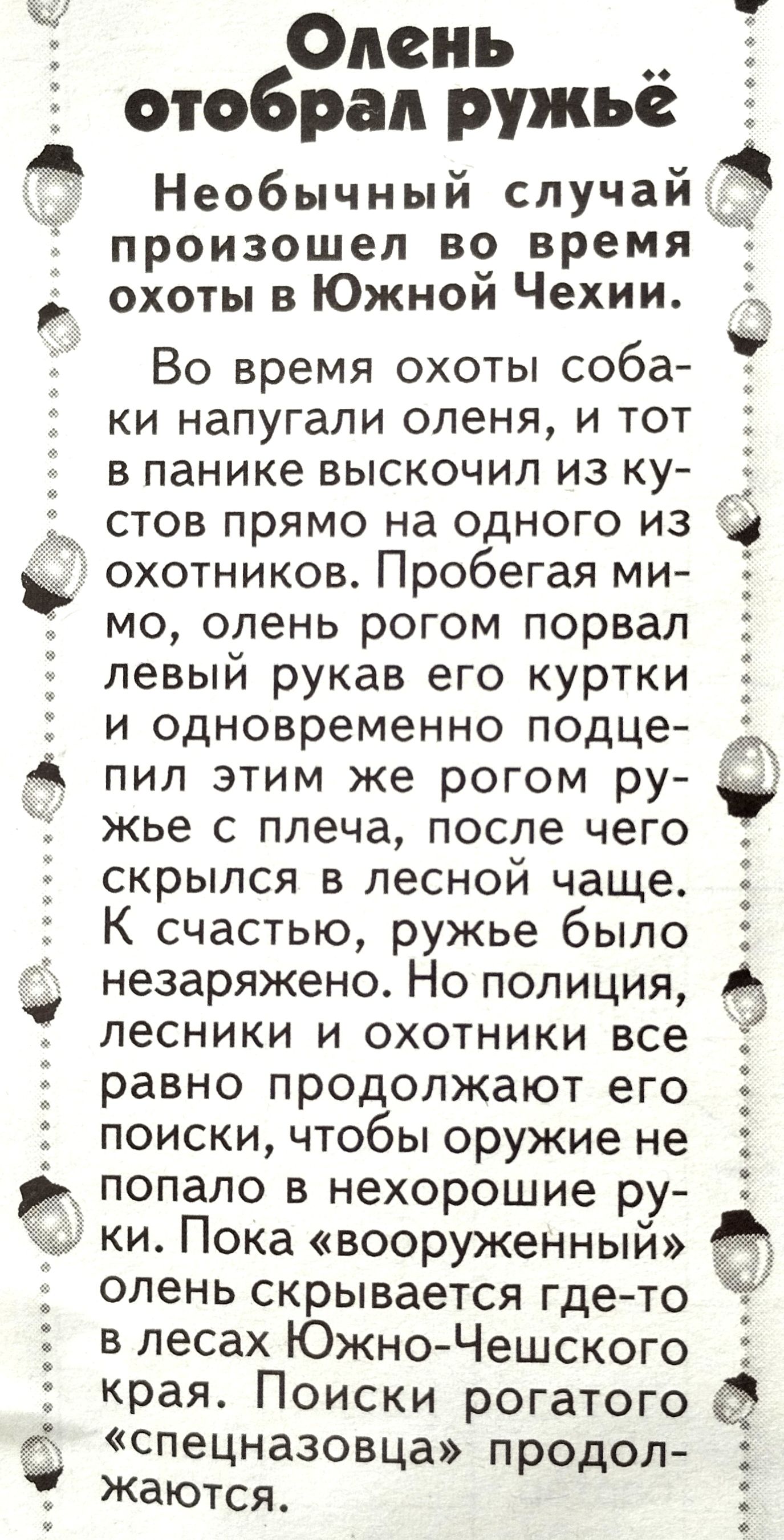 Олень отобрал ружье Необычный случай произошел во время охоты в Южном Чехии Во время охоты соба ки напугали оленя и тот в панике выскочил из ку стов прямо на одного из охотников Пробегая ми 1 мо олень рогом порвал левый рукав его куртки 1 и одновременно подце пил этим же рогом ру жье с плеча после чего скрылся в лесной чаще К счастью ружье было незаряжено Но полиция лесники и охотники все равно пр