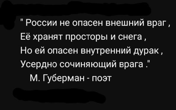 России не опасен внешний враг Её хранят просторы и снега Но ей опасен внутренний дурак Усердно сочиняющий врага м Губерман поэт