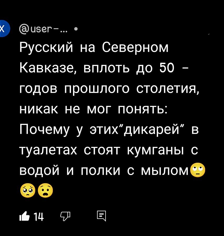 изегн Русский на Северном Кавказе вплоть до 50 годов прошлого столетия никак не мог понять Почему у этихдикарей в туалетах стоят кумганы с водой и полки с мыломО эе ыц в