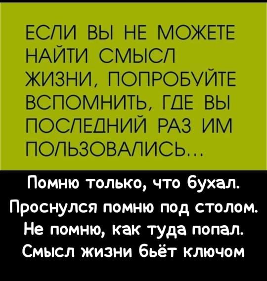 Помню только что бухал Проснулся помню под столом Не помню как туда попал Смысл жизни бьёт ключом