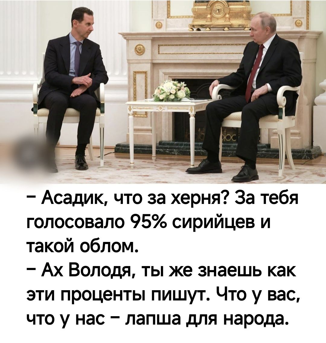 Асадик что за херня За тебя голосовало 95 сирийцев и такой облом Ах Володя ты же знаешь как эти проценты пишут Что у вас что у нас лапша для народа