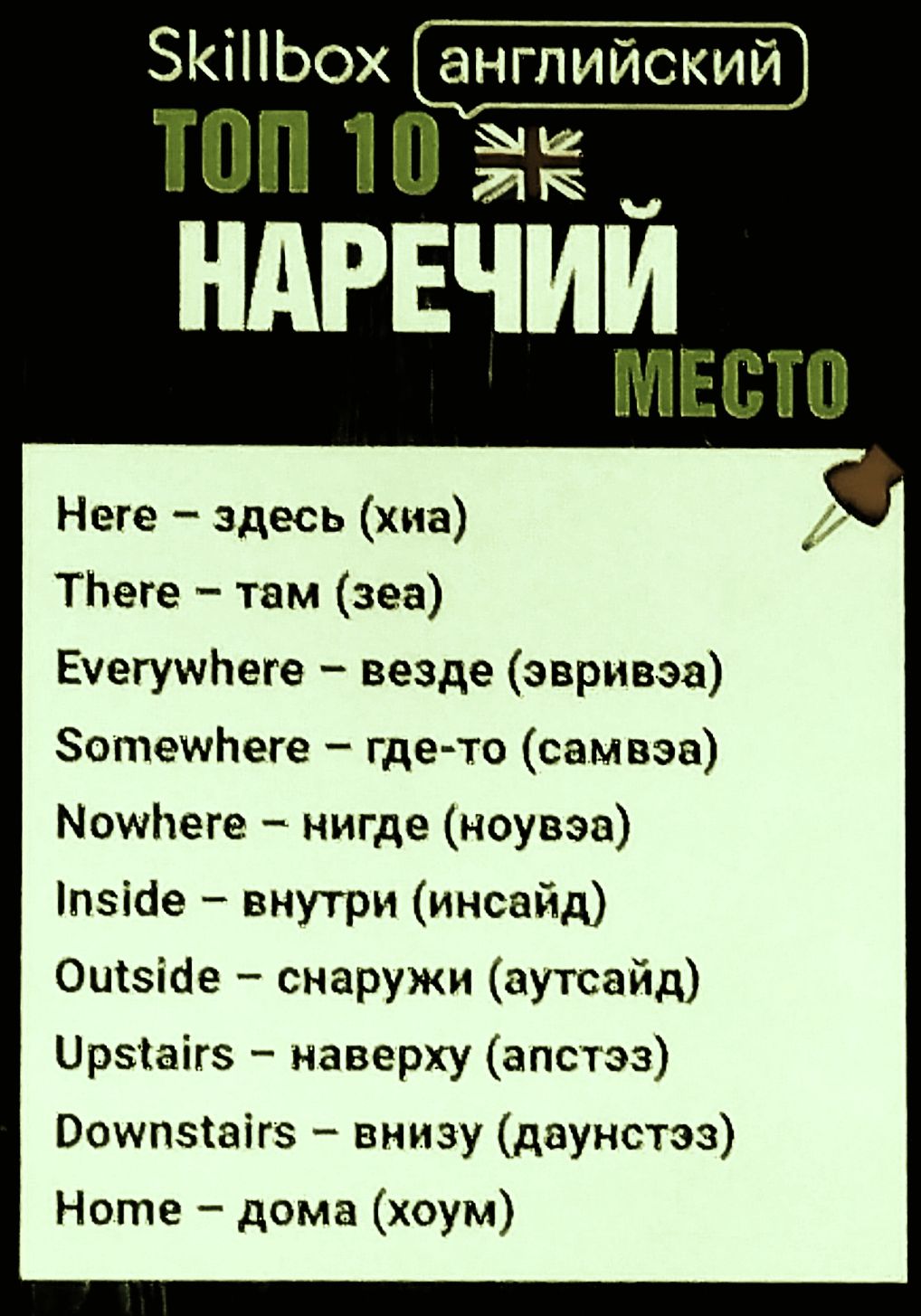 Skillbox английский
ТОП 10 НАРЕЧИЙ МЕСТО
Here – здесь (хиа)
There – там (зеа)
Everywhere – везде (эвризэ)
Somewhere – где-то (самвэ)
Nowhere – нигде (ноуэр)
Inside – внутри (инсайд)
Outside – снаружи (аутсайд)
Upstairs – наверху (апстэ)
Downstairs – внизу (даунстэз)
Home – дома (хоум)