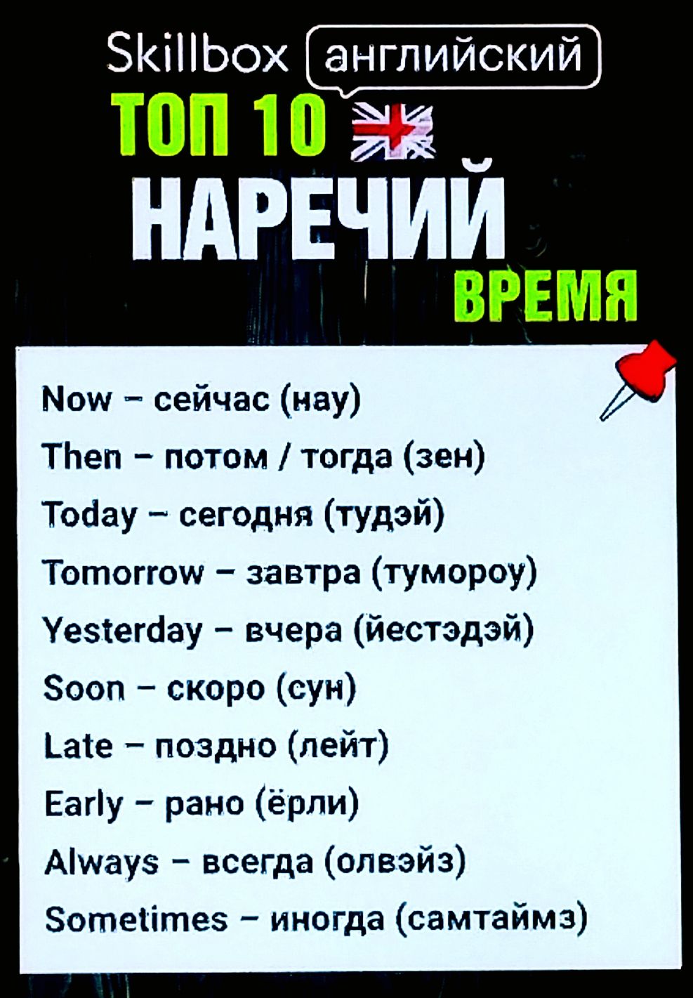 Now – сейчас (нау)
Then – потом / тогда (зен)
Today – сегодня (тудэй)
Tomorrow – завтра (туморроу)
Yesterday – вчера (йестэрдэй)
Soon – скоро (сун)
Late – поздно (лейт)
Early – рано (ёрли)
Always – всегда (олвэйз)
Sometimes – иногда (самтаймз)