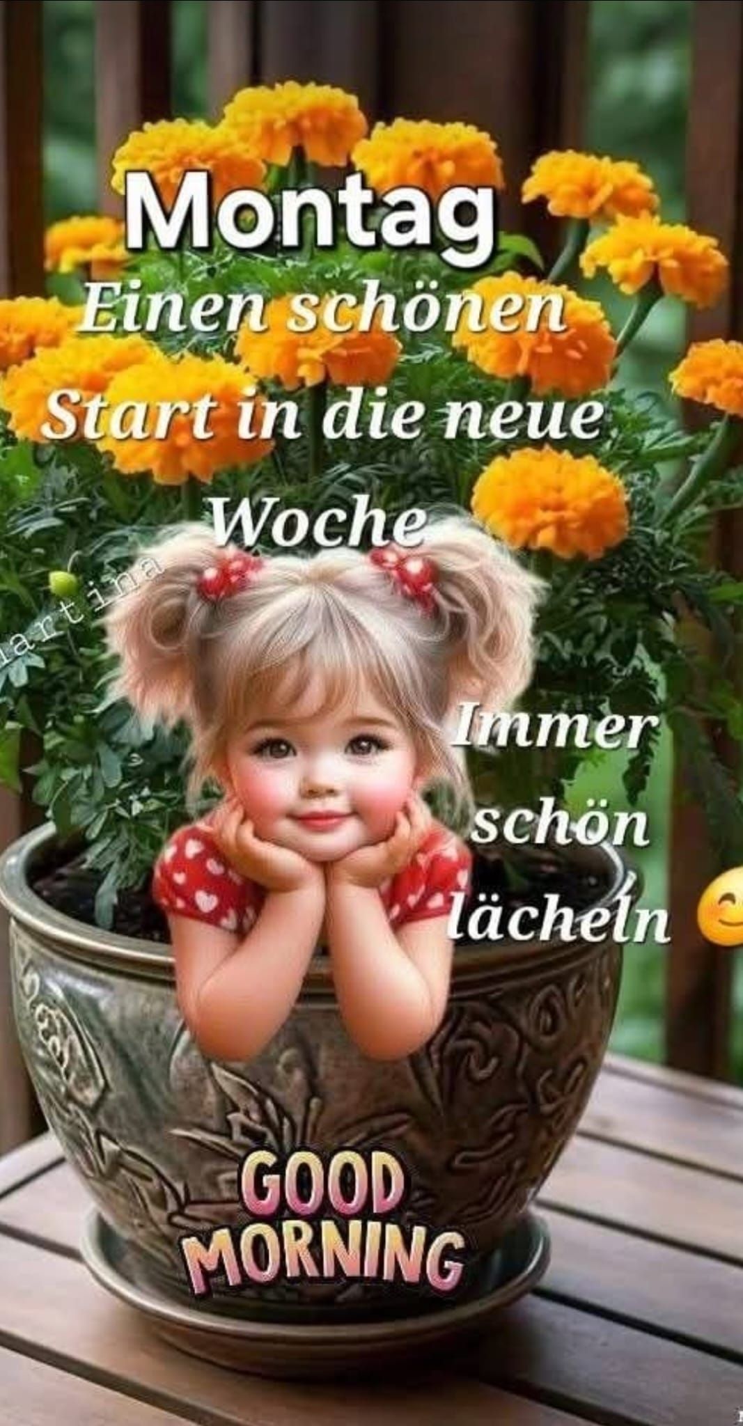 Montag
Einen schönen
Start in die neue
Woche
Immer schön
lächeln
GOOD MORNING
