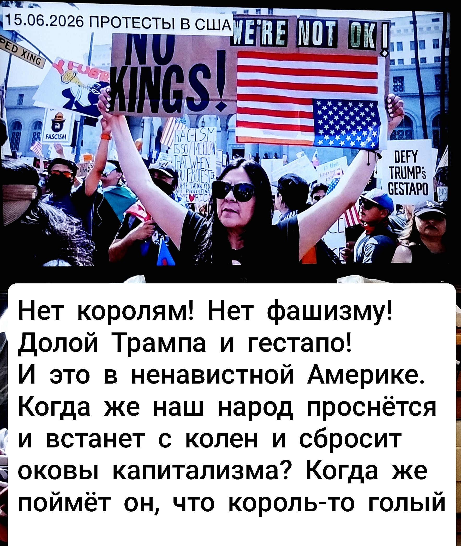 Нет королям! Нет фашизму! Долой Трампа и гестапо! И это в ненавистной Америке. Когда же наш народ проснётся и встанет с колен и сбросит оковы капитализма? Когда же поймёт он, что король-то голый