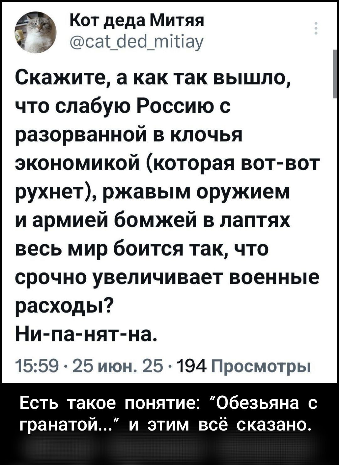 Скажите, а как так вышло, что слабую Россию с разорванной в клочья экономикой (которая вот-вот рухнет), ржавым оружием и армией бомжей в лаптях весь мир боится так, что срочно увеличивает военные расходы?
Ни-па-нят-на.

Есть такое понятие: “Обезьяна с гранатой...” и этим всё сказано.