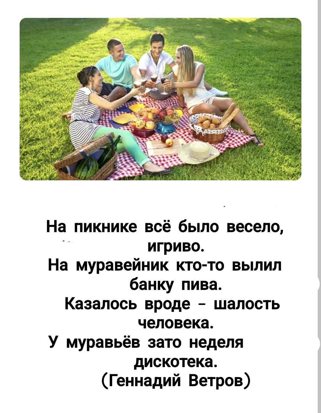 На пикнике всё было весело, игриво. На муравейник кто-то вылил банку пива. Казалось вроде – шалость человека. У муравьёв зато неделя дискотеки. (Геннадий Ветров)