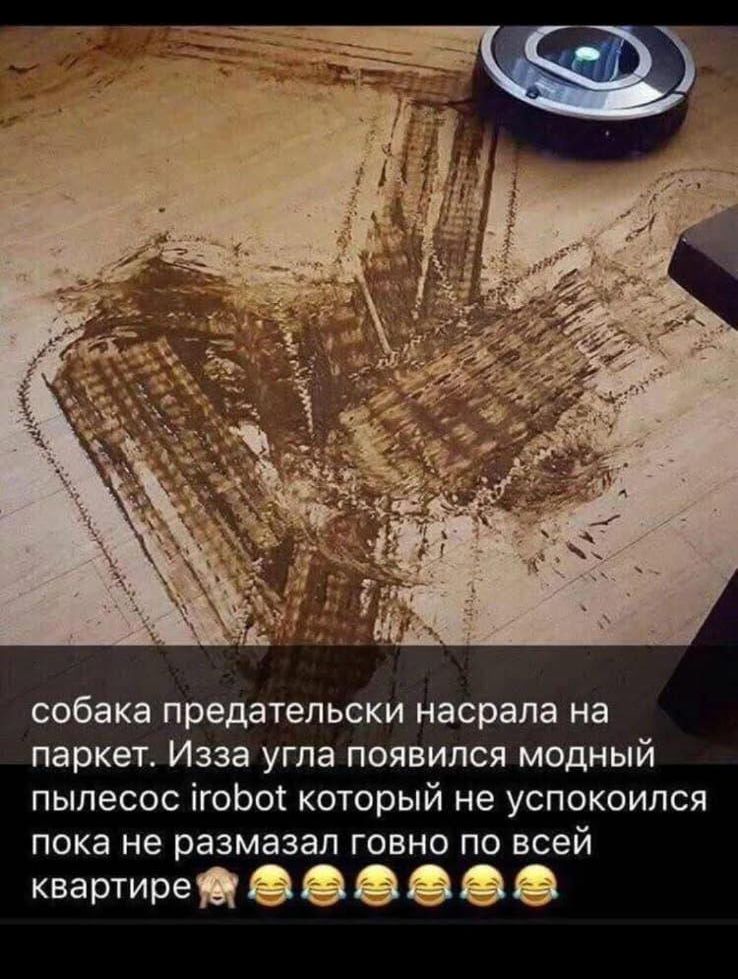 собака предательскі насрала на паркет. Из-за угла появился модный пылесос irobot который не успокоился пока не размазал говно по всей квартире 🙈😂😂😂😂