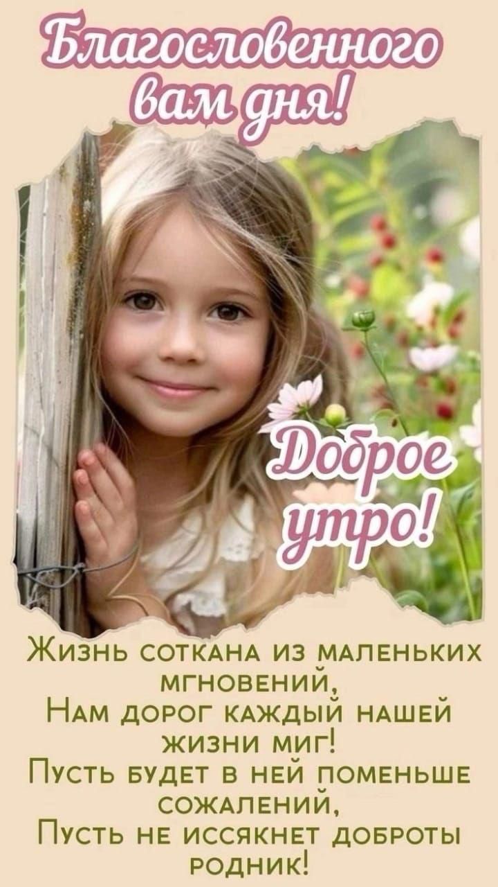 Благословенного вам дня!
Доброе утро!

Жизнь соткана из маленьких мгновений,
Нам дорог каждый нашей жизни миг!
Пусть будет в ней поменьше сожалений,
Пусть не иссякнет доброты родник!