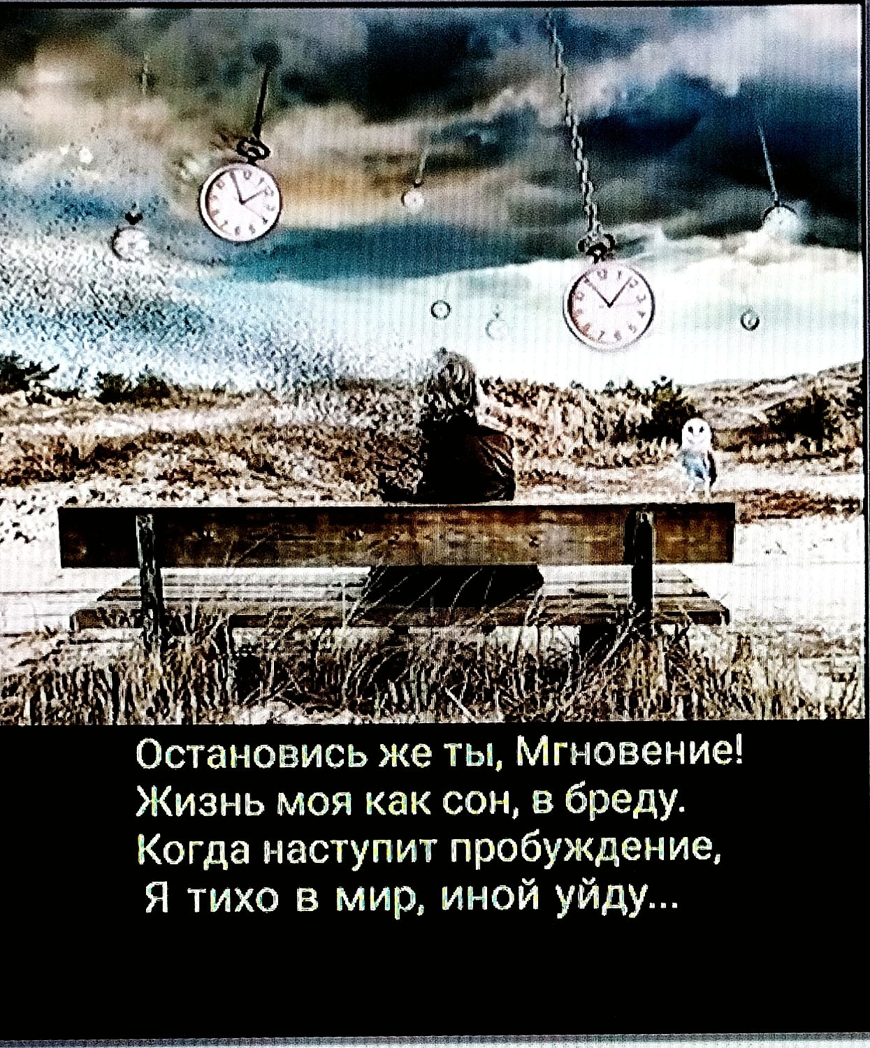 Остановись же ты, Мгновение! Жизнь моя как сон, в бреду. Когда наступит пробуждение, Я тихо в мир, иной уйду...