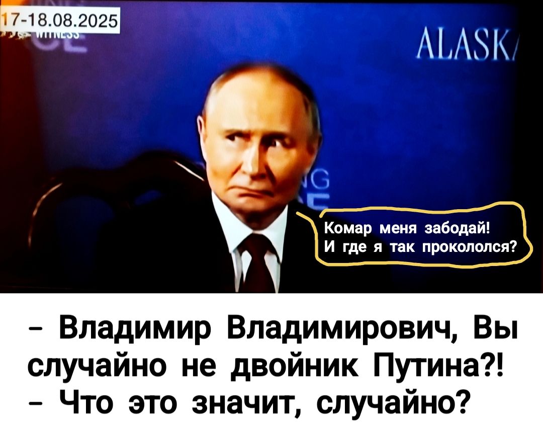 - Владимир Владимирович, Вы случайно не двойник Путина?!
- Что это значит, случайно?
Комар меня забада! И где я так прокололся?