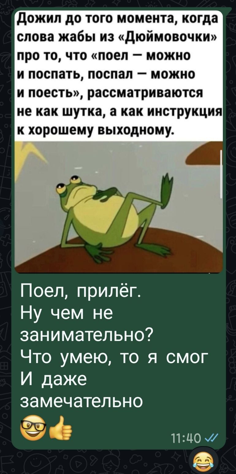 Дожил до того момента, когда слова жабы из «Дюймовочки» про то, что «поел — можно и поспать, поспал — можно и поесть», рассматриваются не как шутка, а как инструкция к хорошему выходному.

Поел, прилёг.
Ну чем не занимательно?
Что умею, то я смог
И даже замечательно
😄👍