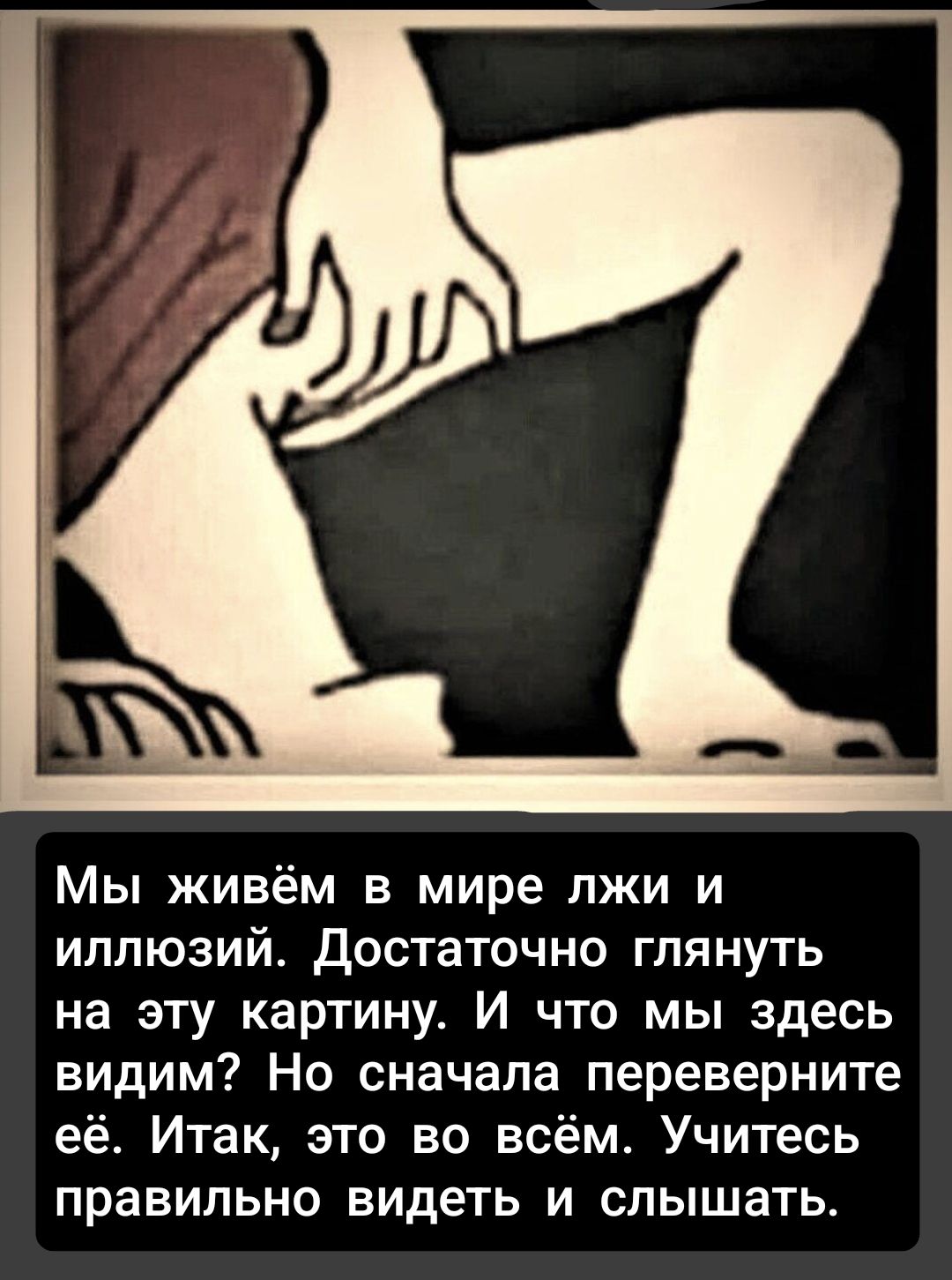 Мы живём в мире лжи и иллюзий. Достаточно глянуть на эту картину. И что мы здесь видим? Но сначала переверните её. Итак, это во всём. Учитесь правильно видеть и слышать.