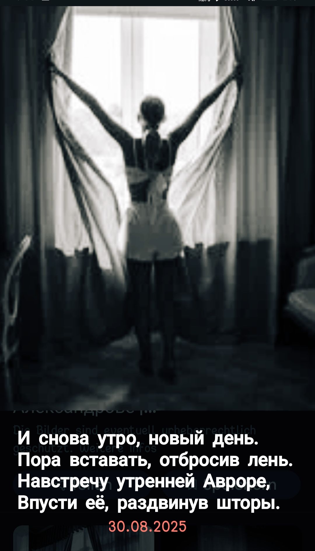 И снова утро, новый день.
Пора вставать, отбросив лень.
Навстречу утренней Авроре,
Впустить её, раздвинув шторы.
30.08.2025