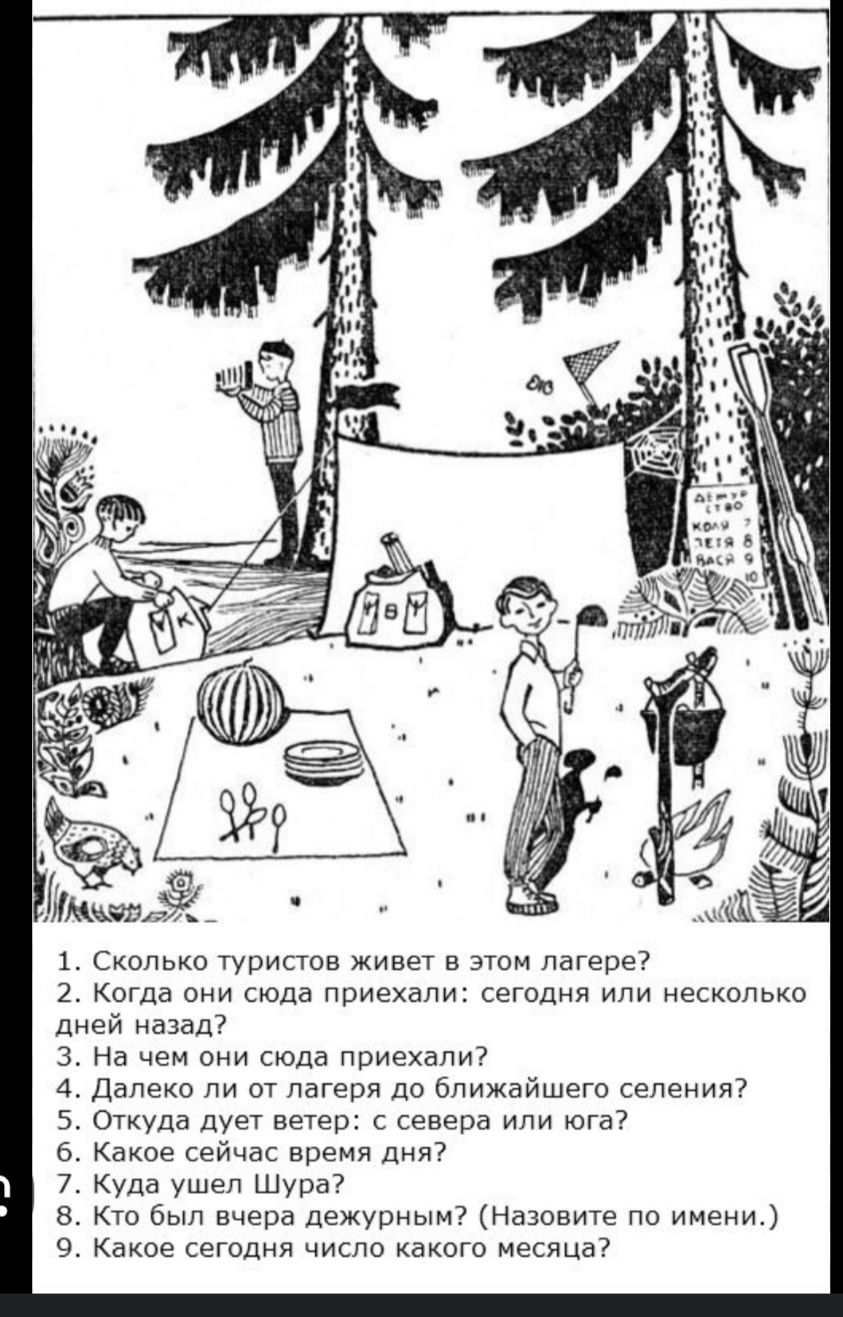 1. Сколько туристов живет в этом лагере? 2. Когда они сюда приехали: сегодня или несколько дней назад? 3. На чем они сюда приехали? 4. Далеко ли от лагеря до ближайшего селения? 5. Откуда дует ветер: с севера или юга? 6. Какое сейчас время дня? 7. Куда ушел Шура? (Назовите по имени.) 8. Кто был вчера дежурным? (Назовите по имени.) 9. Какое сегодня число какого месяца?