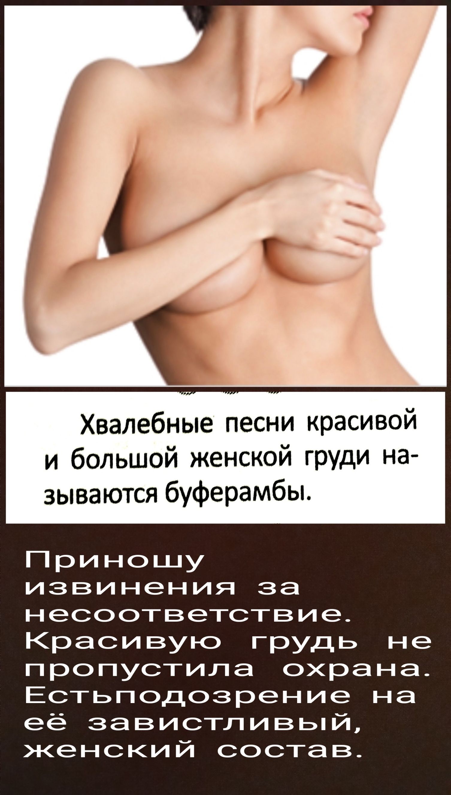Хвалебные песни красивой и большой женской груди называются буфергамбы.

Приношу извинения за несоответствие. Красивую грудь не пропустила охрана. Есть подозрение на её завистливый, женский состав.