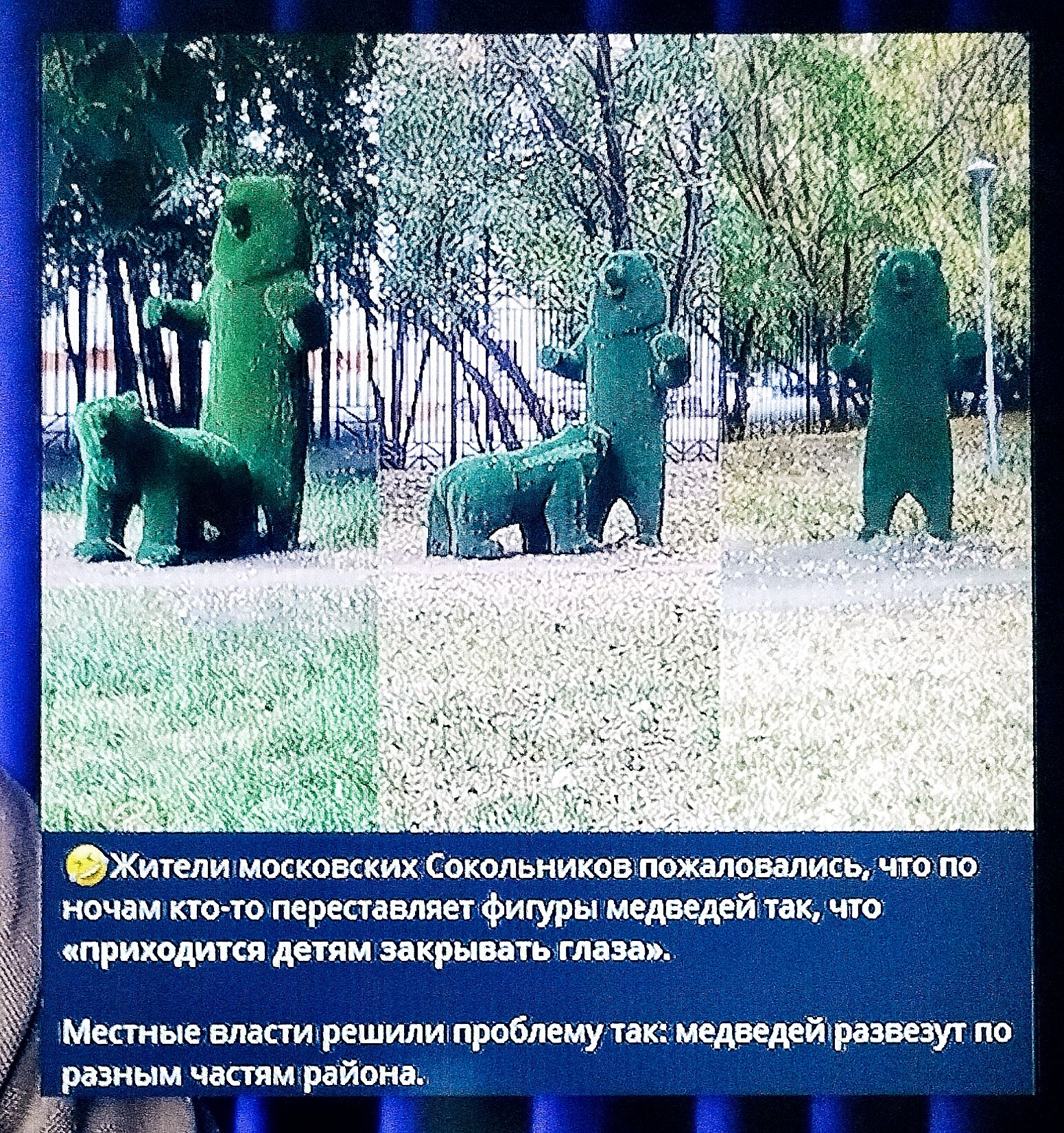 Жители московских Соколынников пожаловались, что по ночам кто-то переставляет фигуры медведей так, что «приходится детям закрывать глаза». Местные власти решили проблему так: медведей разъезжат по разным частям района.