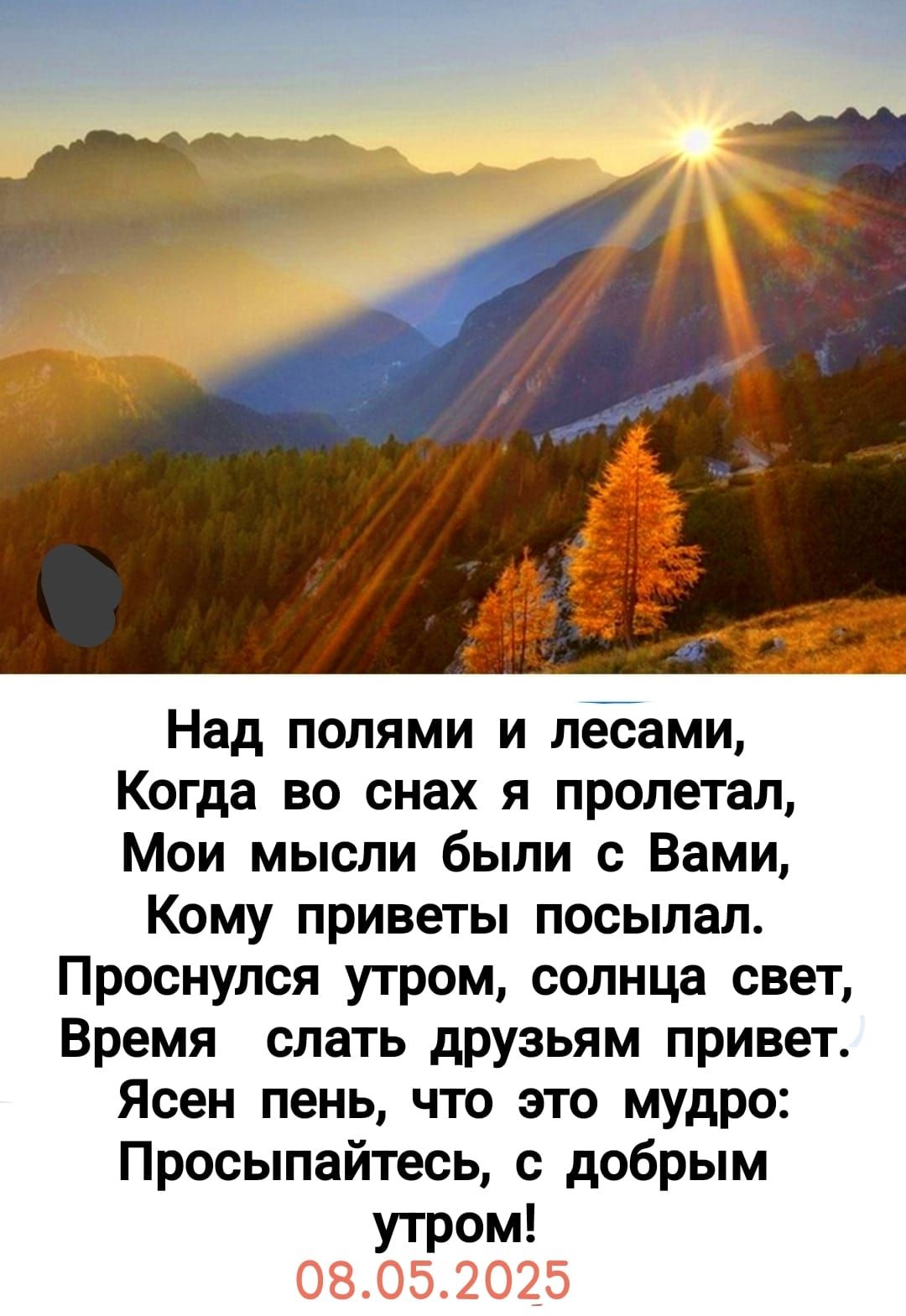 Над полями и лесами,
Когда во снах я пролетал,
Мои мысли были с Вами,
Кому приветы посылал.
Проснулся утром, солнца свет,
Время слать друзьям привет.
Ясен пень, что это мудро:
Просыпайтесь, с добрым утром!
08.05.2025