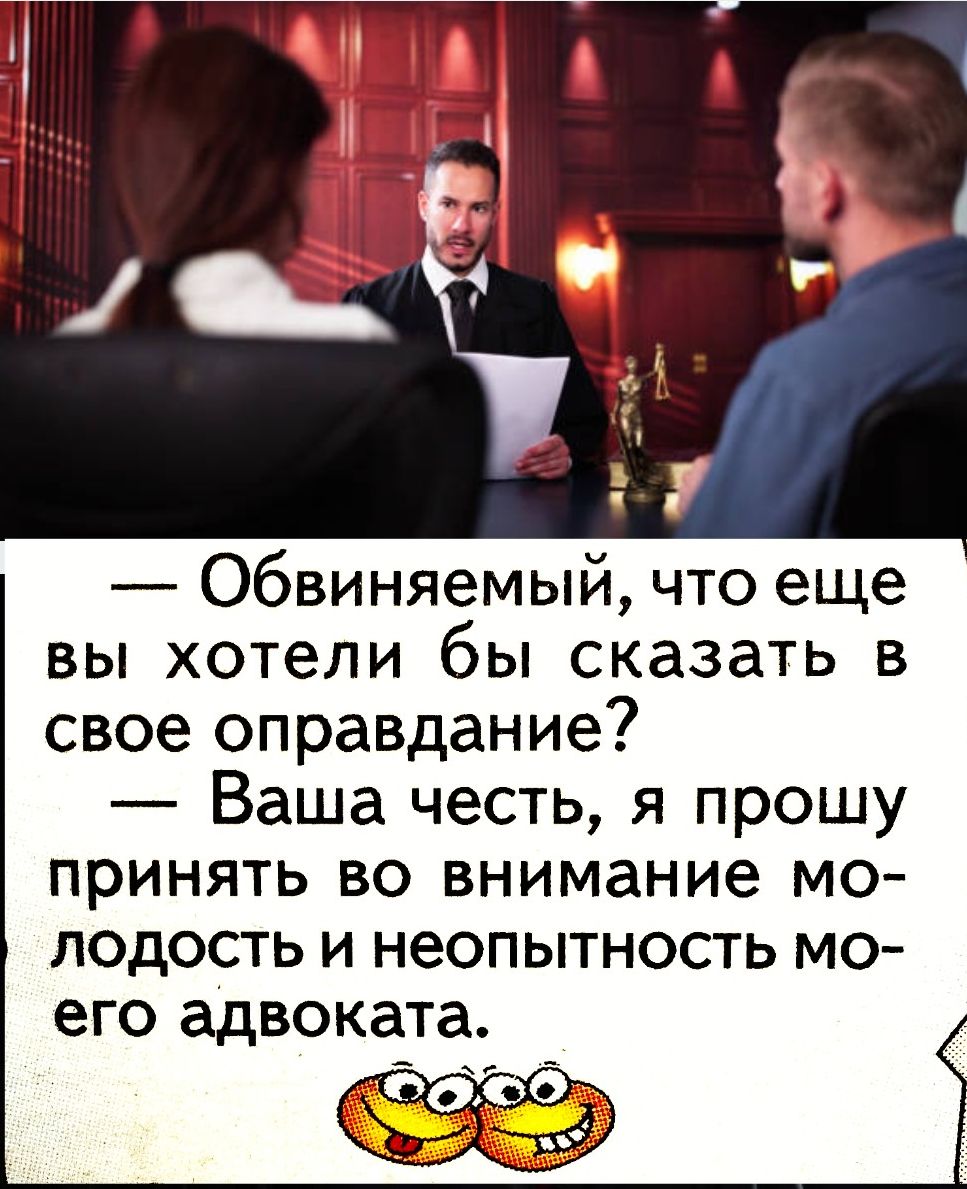 — Обвиняемый, что еще вы хотели бы сказать в свое оправдание? — Ваша честь, я прошу принять во внимание молодость и неопытность моего адвоката.