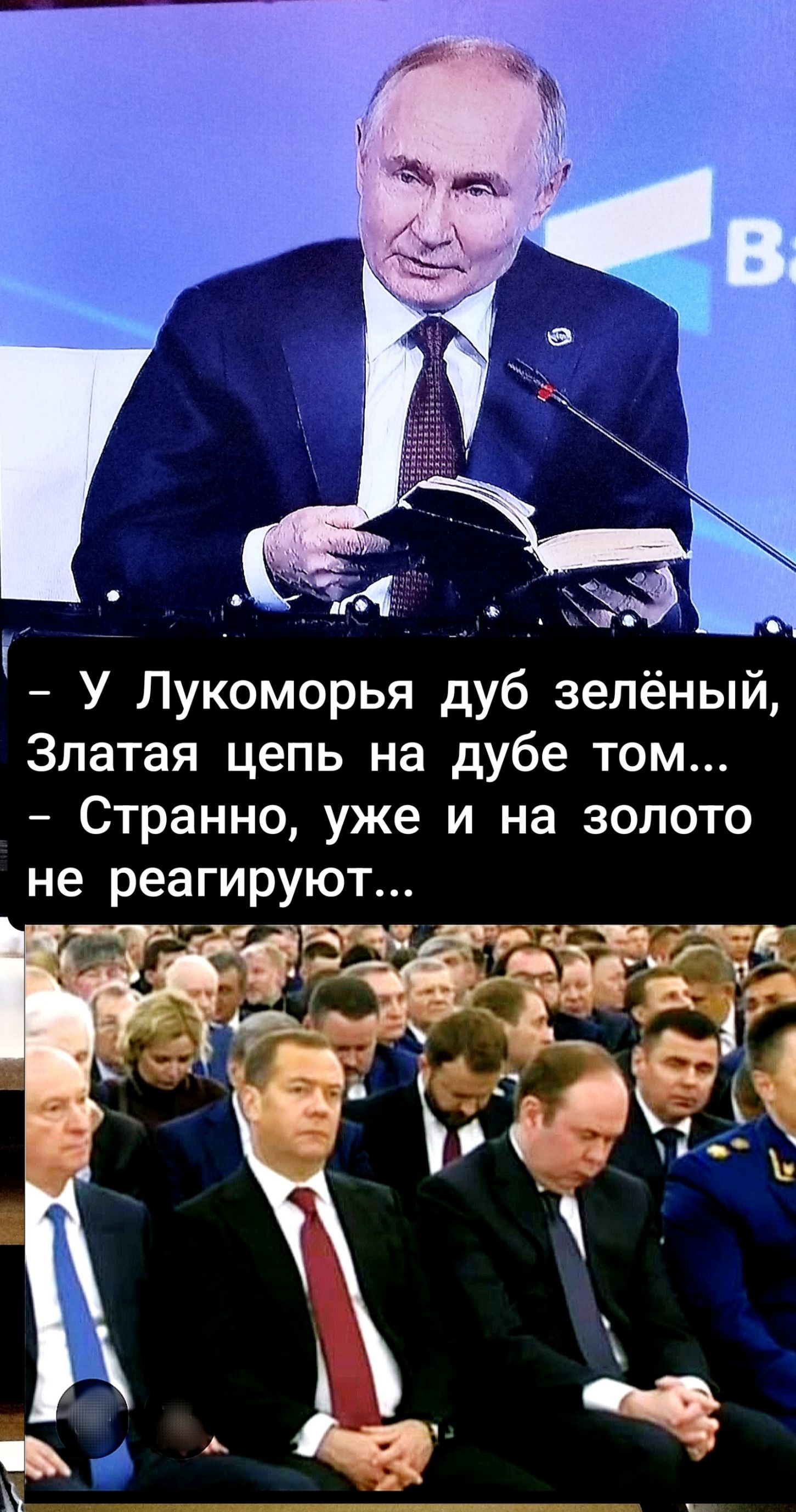 – У Лукоморья дуб зелёный, Златая цепь на дубе том...
– Странно, уже и на золото не реагируют...