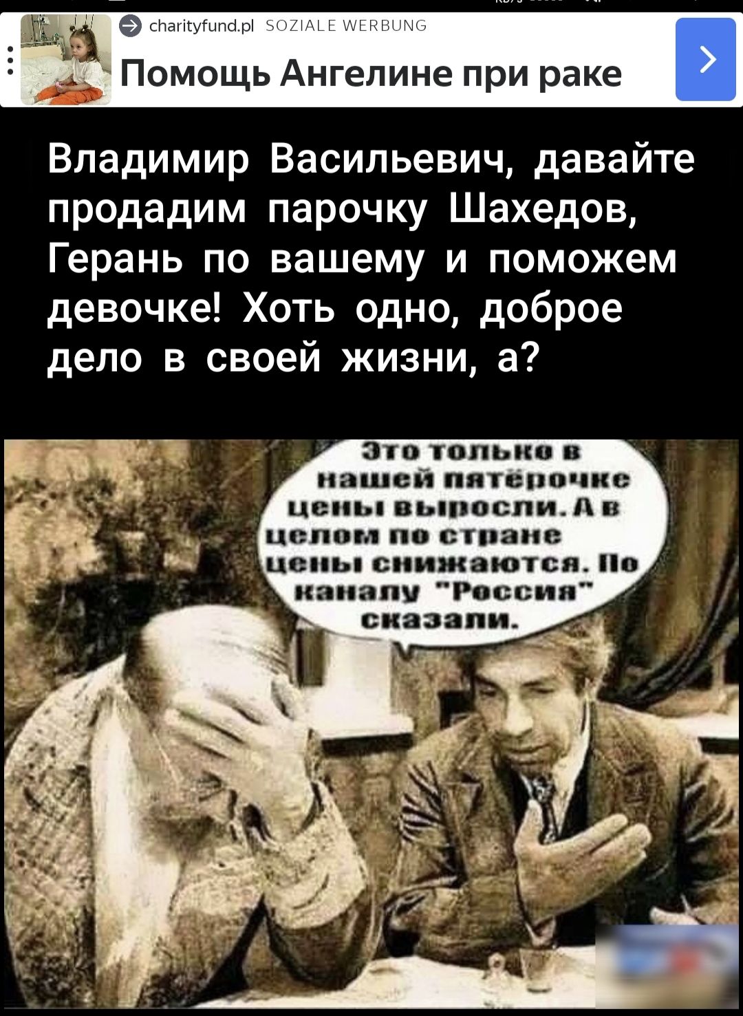 Владимир Васильевич, давайте продадим парочку Шахедов, Герань по вашему и поможем девочке! Хоть одно, доброе дело в своей жизни, а? Это только в нашей патёрочке цены выросли. А в целом по стране цены снижаются. По каналу 