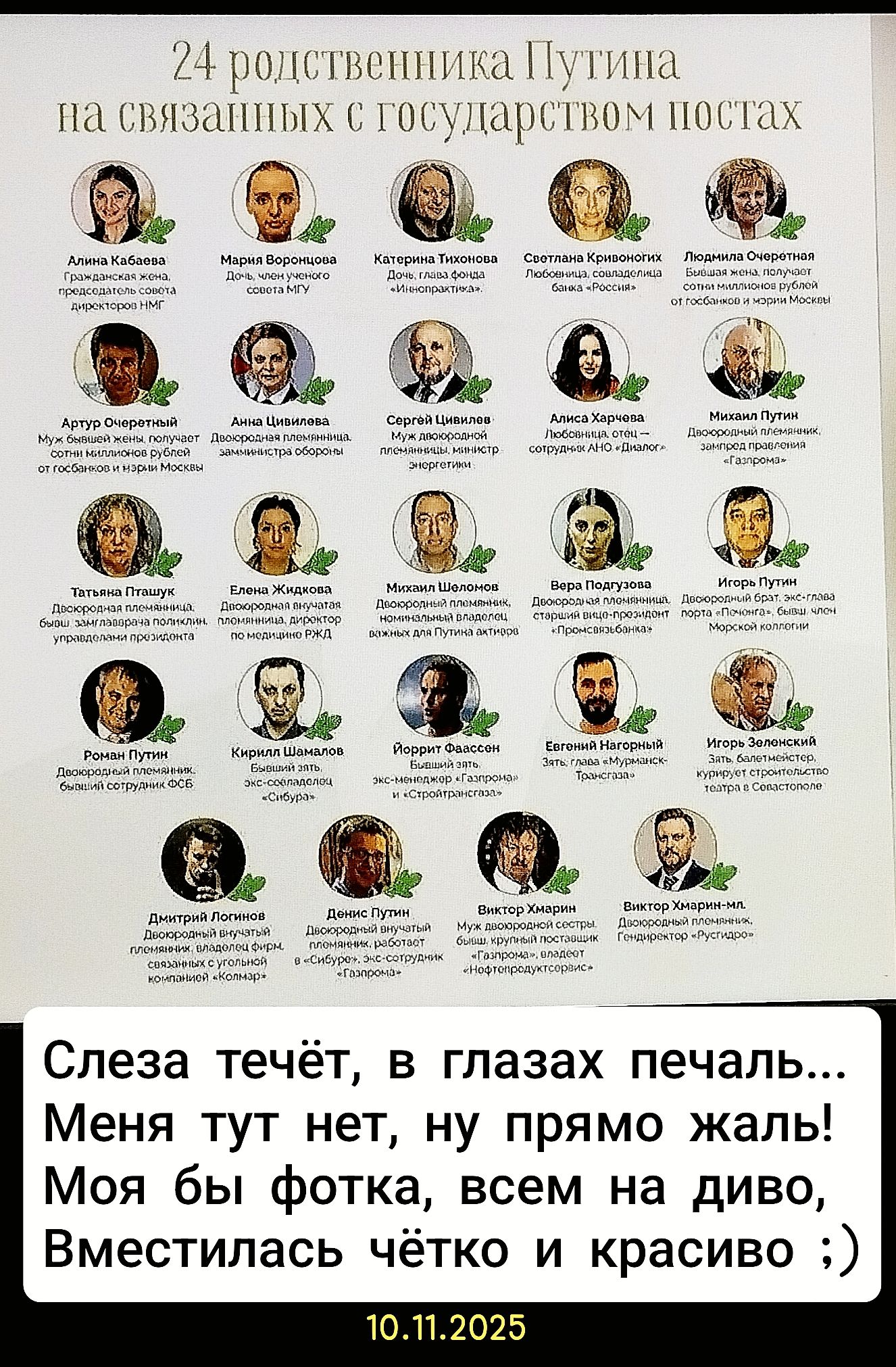 24 родственника Путина на связаных с государством постах. Даты: 10.11.2025.