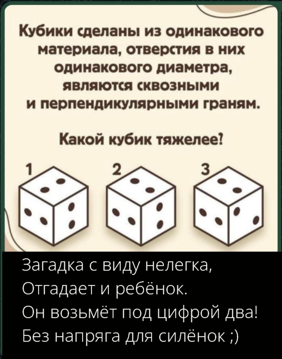 Кубики сделаны из одинакового материала, отверстия в них одинакового диаметра, являются сквозными и перпендикулярными граням. Какой кубик тяжелее? Загадка с виду нелегка, Отгадет и ребёнок. Он возьмёт под цифрой два! Без напряга для сильёнок ;)