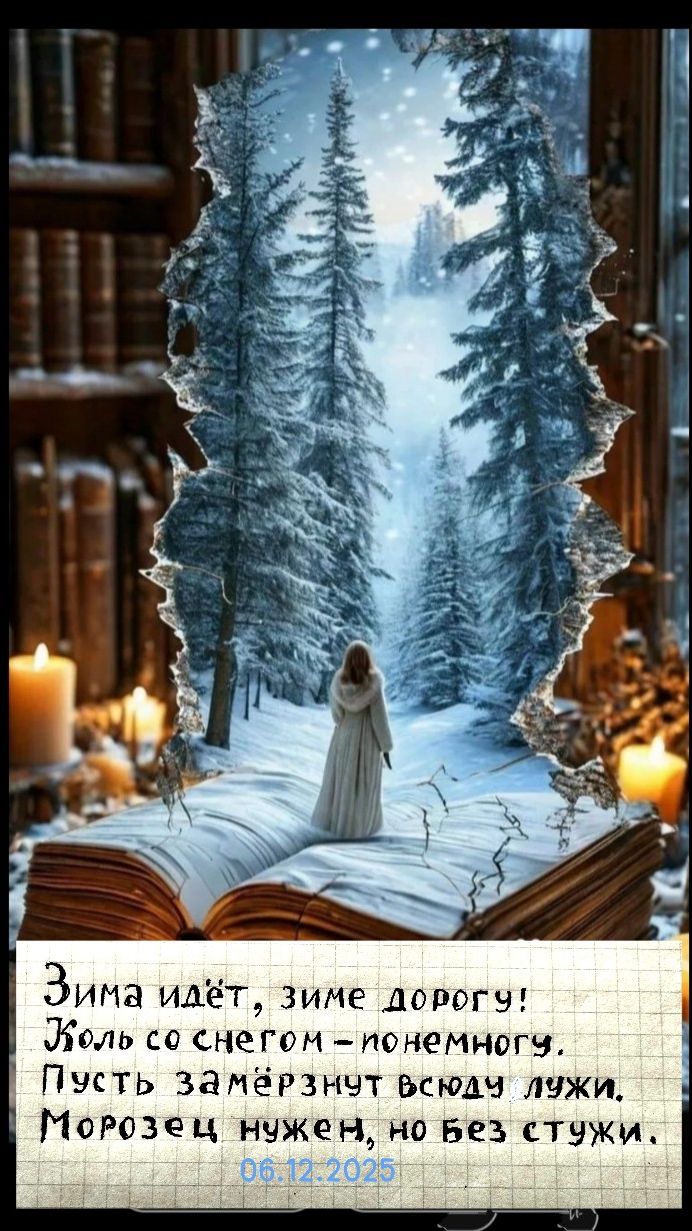 Зима идёт, зиме дорогу! Хоть со снегом – понемногу. Пусть замёрзнут вдоль лужи. Морозец чутьен, но без стужи. 06.12.2025