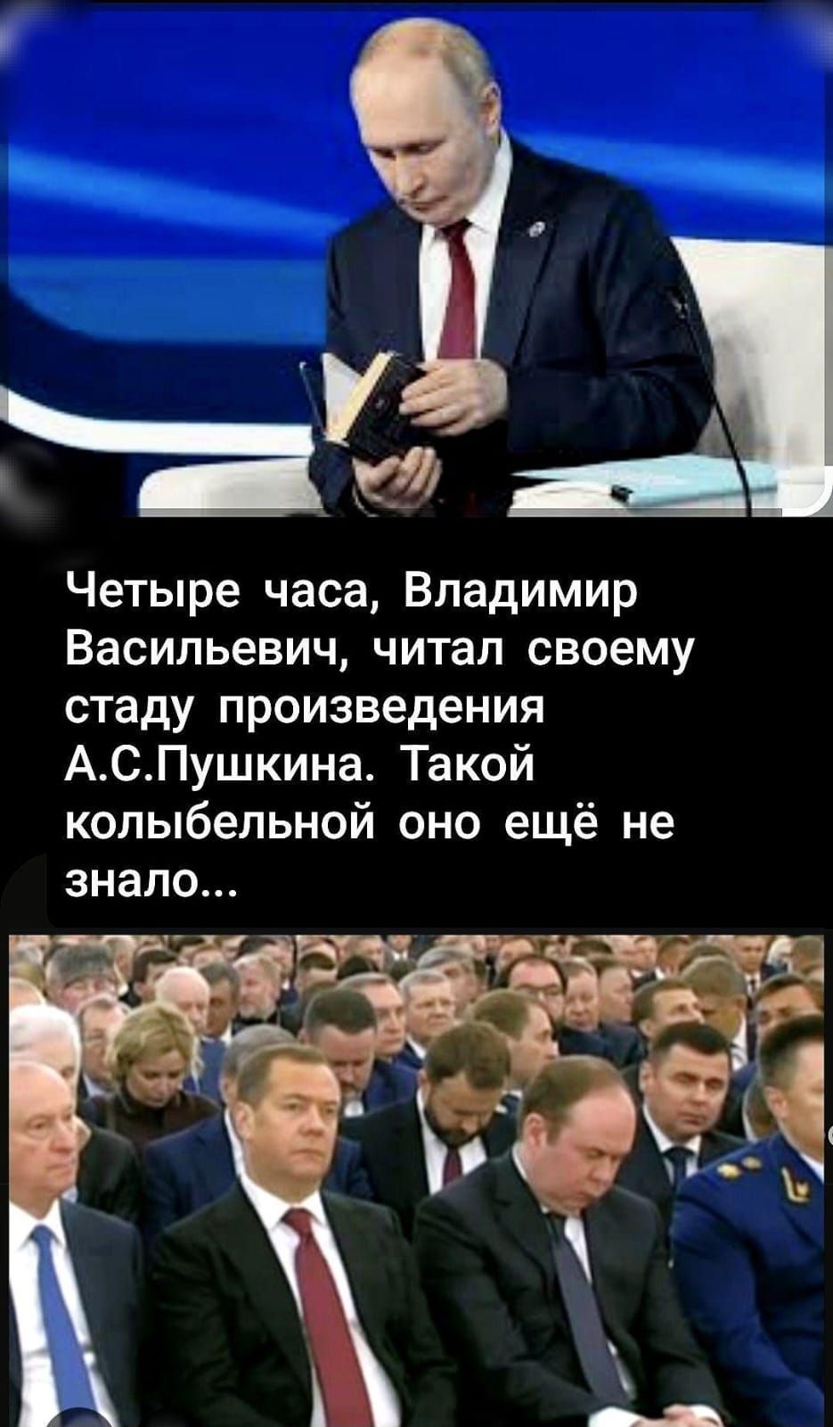 Четыре часа, Владимир Васильевич, читал своему стаду произведения А.С.Пушкина. Такой колыбельной оно ещё не знало...