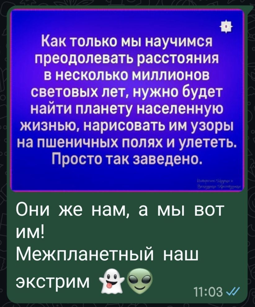Как только мы научимся преодолевать расстояния в несколько миллионов световых лет, нужно будет найти планету населенную жизнью, нарисовать им узоры на пшеничных полях и улететь. Просто так заведено. Они же нам, а мы вот им! Межпланетный наш экстрим 👽👾