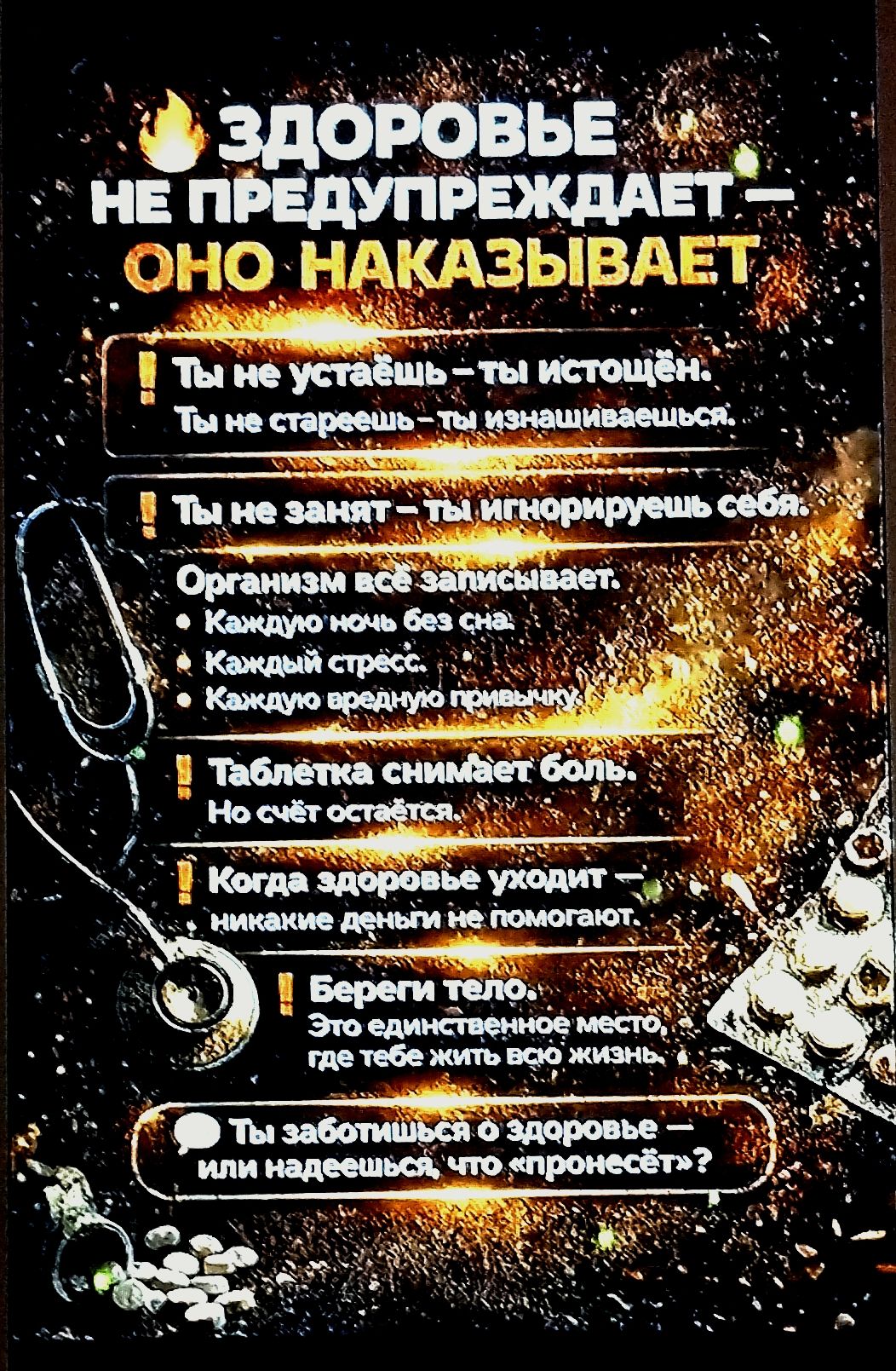 ЗДОРОВЬЕ НЕ ПРЕДУПРЕЖДАЕТ — ОНО НАКАЗЫВАЕТ. Ты не устал — ты истощён. Ты не стареешь — ты изнашиваешься. Организм всё записывает: каждая ночь без сна, каждый стресс, каждую вредную привычку. Таблетка снимает боль — но счёт остаётся. Береги тело — это единственное место, где тебе жить всю жизнь. Ты заботишься о здоровье — или надеешься, что пронесёт?