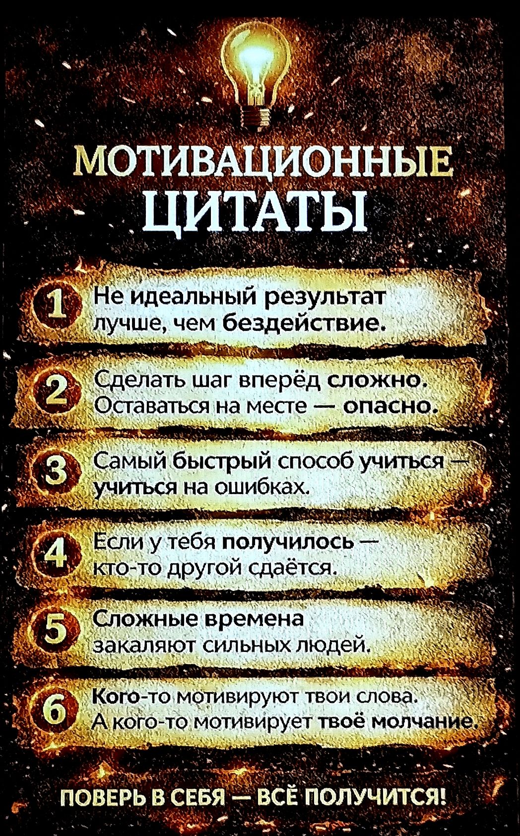 МОТИВАЦИОННЫЕ ЦИТАТЫ
1 Не идеальный результат лучше, чем бездействие.
2 Сделать шаг вперёд сложно. Оставаясь на месте — опасно.
3 Самый быстрый способ учиться — учиться на ошибках.
4 Если у тебя получилось — кто-то другой сдаётся.
5 Сложные времена закаляют сильных людей.
6 Кого-то мотивируют твои слова. А кого-то мотивирует твоё молчание.
ПОВЕРЬ В СЕБЯ — ВСЁ ПОЛУЧИТСЯ!