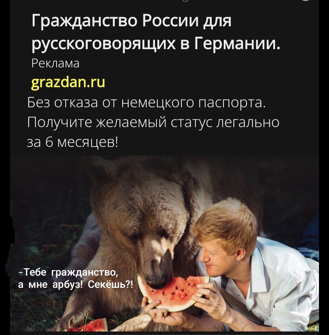Гражданство России для русскоговорящих в Германии. Реклама grazdan.ru Без отказа от немецкого паспорта. Получите желаемый статус легально за 6 месяцев! -Тебе гражданство, а мне арбуз! Секешь?!