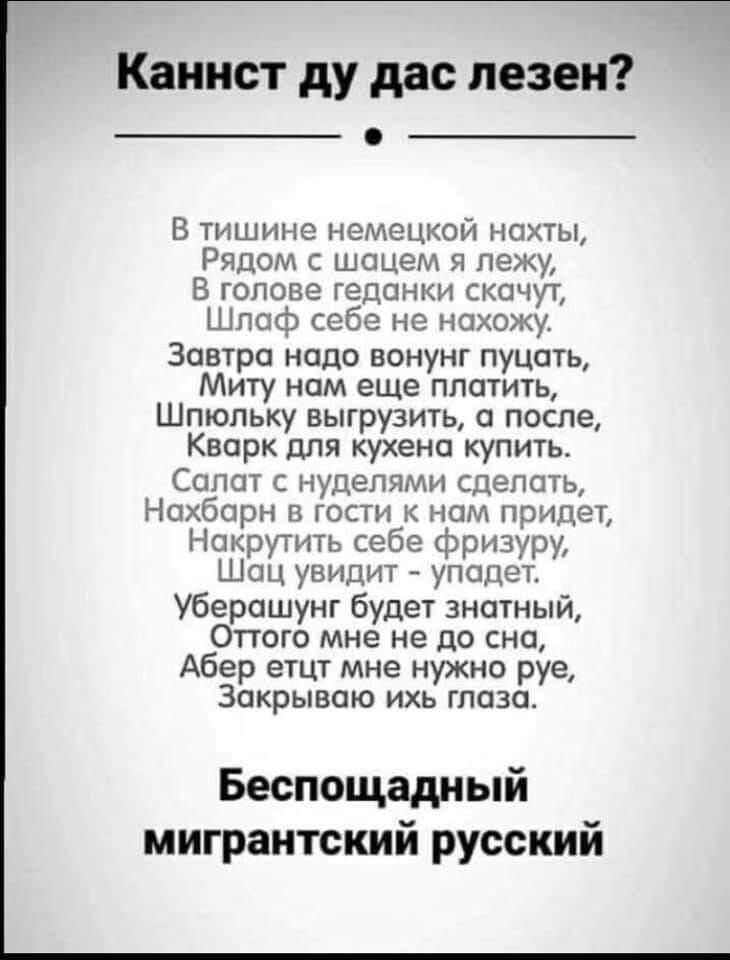 Каннст ду дас лезен?

В тишине немецкой нахьты,
Рядом с шеачем я лежу,
В голове геданги скачу,
Шляф себе не нахоху.
Завтра надо внoунгugh пучуть,
Митy нам еще платитъ,
Шпюрльку выгрузить, а после,
Кварк для кухена купить.
Салат с нуделями сделать,
Нахбарн в гости к нам примет,
Накрутить себе фризуру,
Щац увидит - упадёт.
Убершащнг будет знатный,
Оттого мне не до сна,
Абер эст нe нужно руе,
Закрываову их глаза.

Беспощадный
мигрантский русский