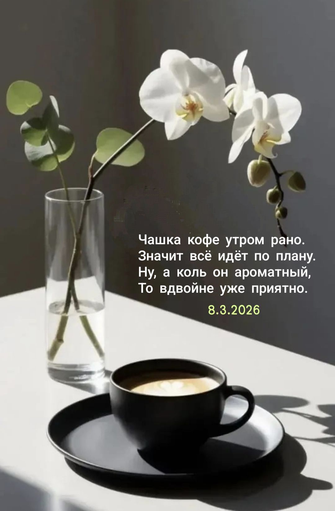 Чашка кофе утром рано. Значит всё идёт по плану. Ну, а коль он ароматный, То вдвойне уже приятно. 8.3.2026