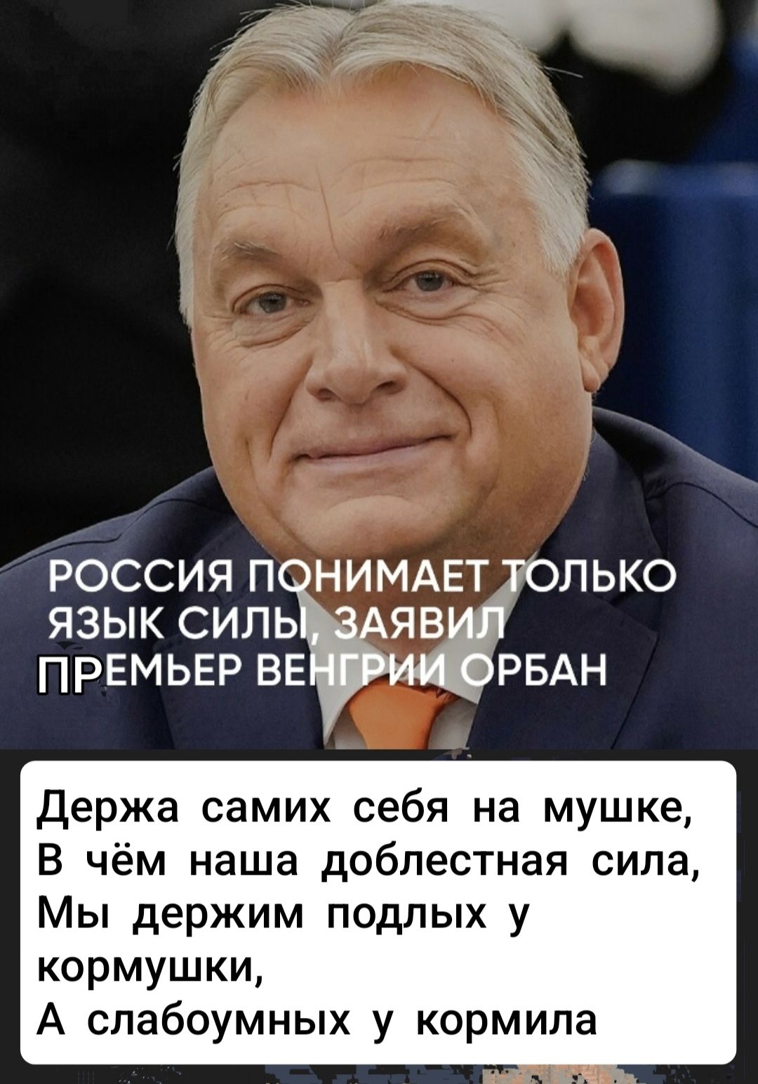 РОССИЯ ПОНИМАЕТ ТОЛЬКО ЯЗЫК СИЛЫ, ЗАЯВИЛ ПРЕМЬЕР ВЕНГРИИ ОРБАН Держа самих себя на мушке, В чём наша доблестная сила, Мы держим подлых у кормушки, А слабоумных у кормила