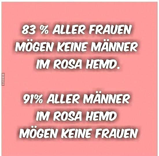 83 % ВСЕХ ЖЕНЩИН НЕ ЛЮБЯТ МУЖЧИН В РОЗОВЫХ РУБАШКАХ. 91 % ВСЕХ МУЖЧИН В РОЗОВЫХ РУБАШКАХ НЕ ЛЮБЯТ ЖЕНЩИН.