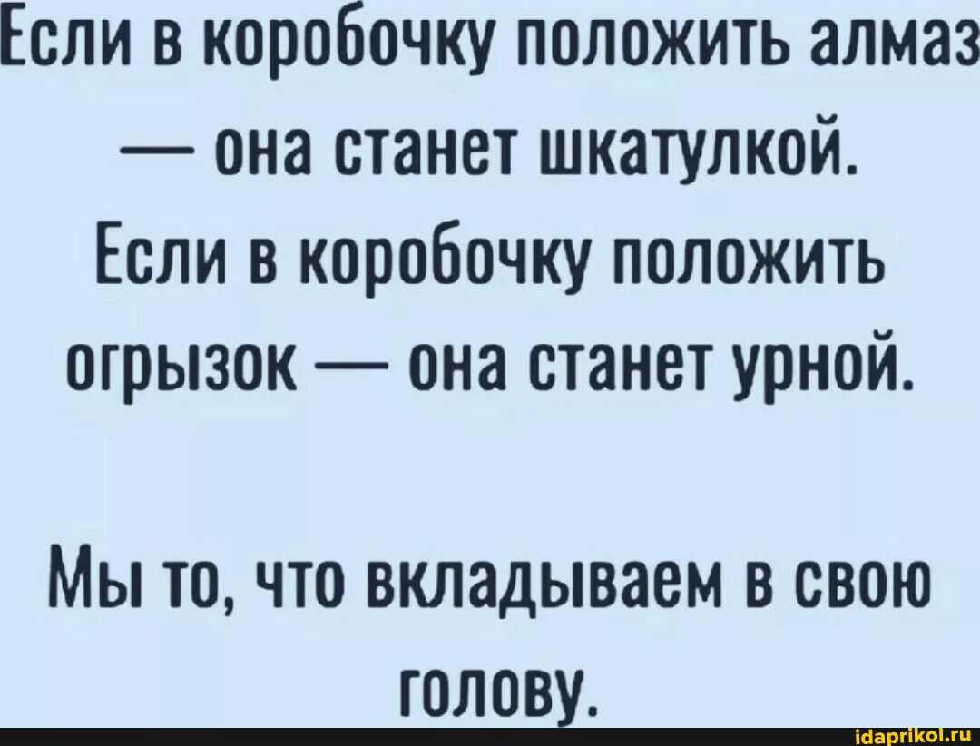 Если в коробочку положить алмаз она станет шкатулкой Если в коробочку положить огрызок она станет урной Мы Ю ЧТО вкладываем В СВОЮ голову