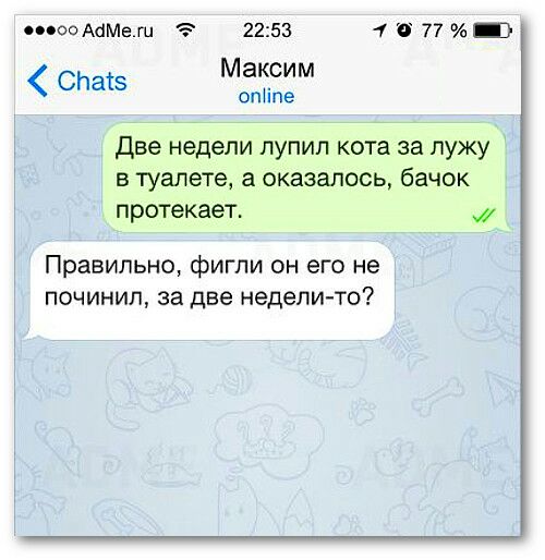00000А6Мет 2253 1 И 77 Э от Максим опіпе Две недели лупил кота за лужу в туалете а оказалось бачок протекает Правильно фигли он его не починил за две недели то