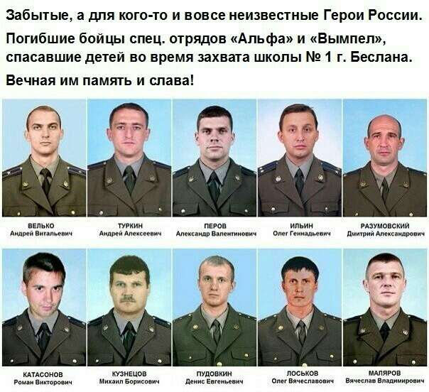 Забытые а для кого то и вовсе неизвестные Герои России Погибшие бойцы спец отрядов Альфа и Вымпел спасавшие детей во время захвата школы 1 г Беслана Вечная им память и слава 15 Щ ГЧ а ш и люто сми ммммт дмм Апцккпицрвппи вг ишш дт _ йа кд сомов кузнецов Пудовкин ппськпв ишиюп Михяиддьикмич де Омгіяччтапмич ам